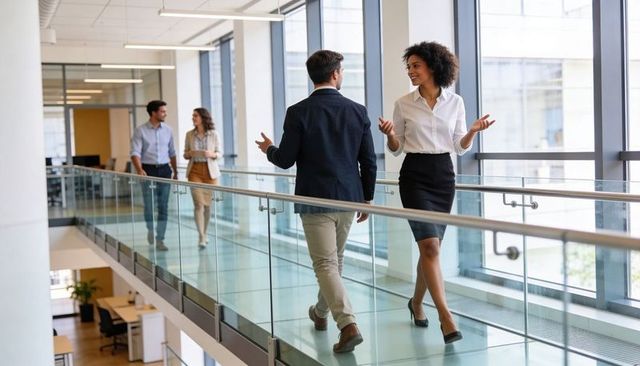 Professional colleagues walking and conversing on glass office walkway with city views
