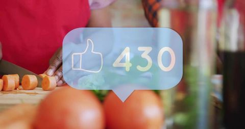 Chopping carrots and preparing produce in kitchen with social like bubble 430 overlay