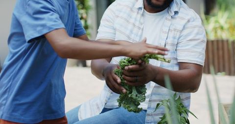 African american father and teen passing fresh kale on backyard patio by wooden planter