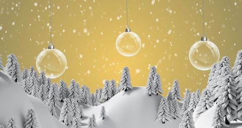 Festive Baubles Hanging Over Snowy Winter Landscape