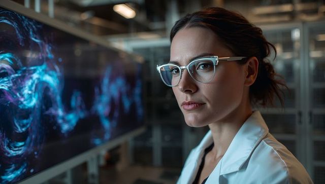 Female researcher studying immersive data visualization on curved display in lab environment
