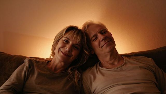Mature couple relaxing on sofa with warm backlight and soft glow, cozy evening at home