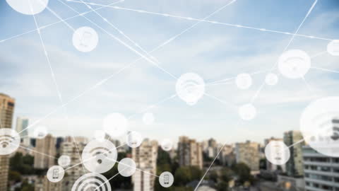 Digital Network Over City Skyline, Concept of Global Connectivity