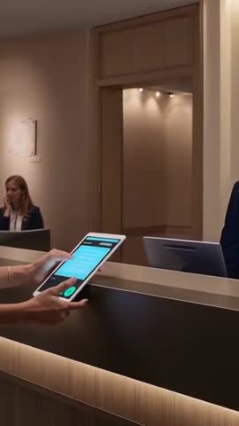 Guest tapping green button on tablet while checking in at modern hotel reception desk