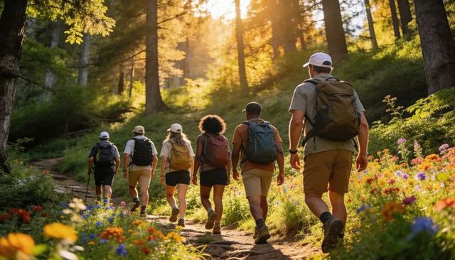 Group hiking through wildflower meadow on forest trail with backpacks and sunbeams