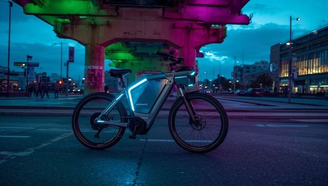 Electric bicycle glowing cyan under neon overpass at night with wet street reflections