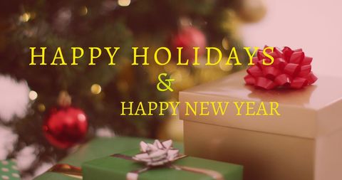 Festive Holiday Greeting with Colorful Presents and Christmas Tree