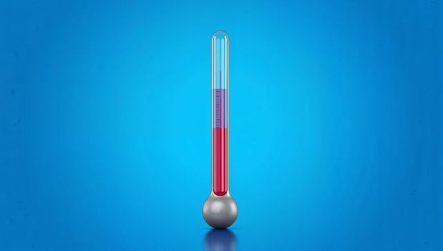 Precision laboratory thermometer with gradient liquid on blue background