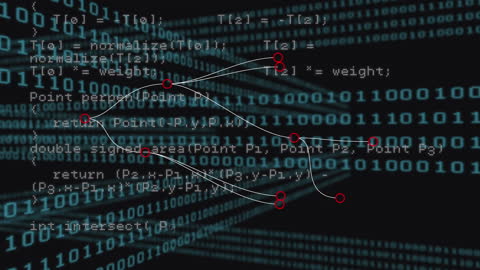 Binary Data Processing and Code Animation on Black Background