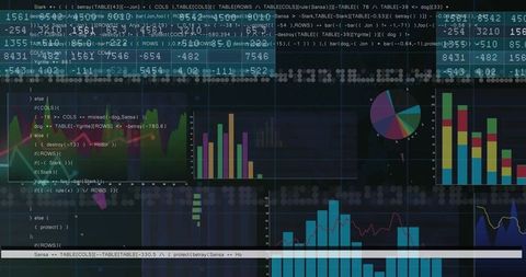 Futuristic data analytics dashboard with charts and code onscreen