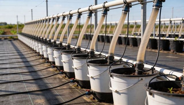 Irrigating seedling buckets with corrugated hoses and drip tubing in nursery