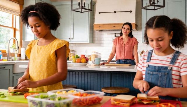 Mother guiding kids making sandwiches in bright farmhouse kitchen