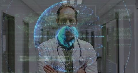 Futuristic Healthcare Innovation with Holographic Globe and Doctor
