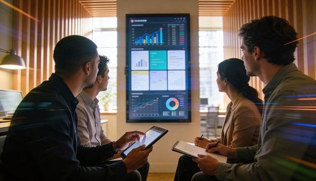 Business team reviewing analytics dashboard in meeting room with tablet and notebook
