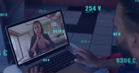 Joining remote video call on laptop with numeric data overlays for virtual collaboration