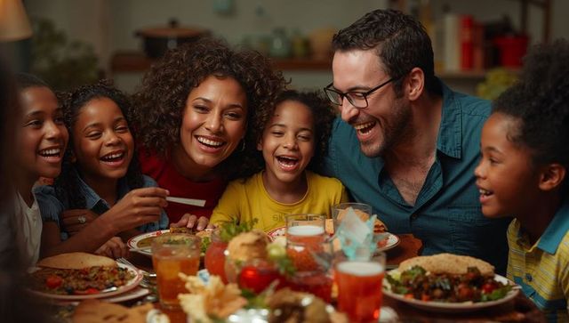 Happy Family Enjoyment at Dinner Table with Laughter and Togetherness