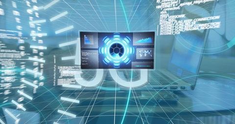 5g network interface with floating code in tech workspace