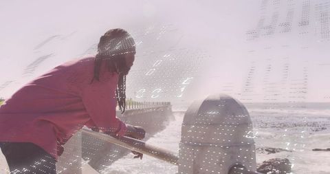 Man reflecting at ocean pier with digital overlay
