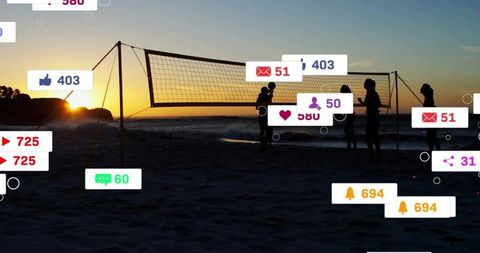 Sunset beach volleyball silhouettes with social media notifications and friends playing