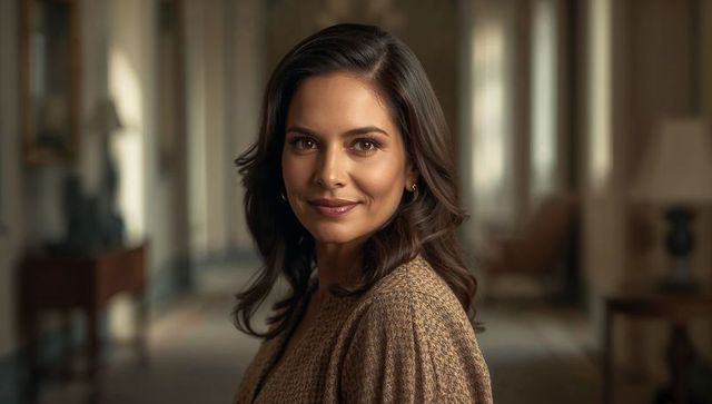 Warm natural light portrait of confident woman wearing brown knit sweater and hoops