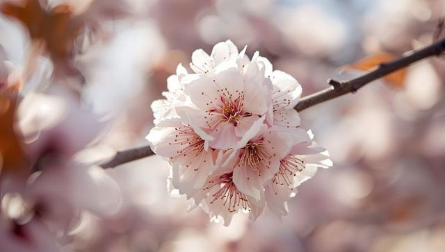Pale pink blossom cluster glowing on woody branch with delicate stamens and soft bokeh