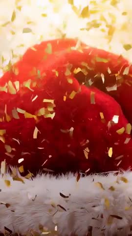 Falling gold confetti on red velvet Santa hat with white fur brim creating warm studio glow