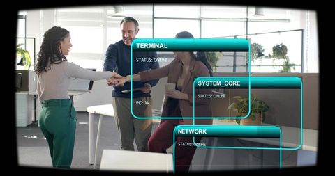 Team joining hands in modern open-plan office with turquoise augmented reality ui overlays