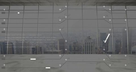 Futuristic office space overlooking modern cityscape