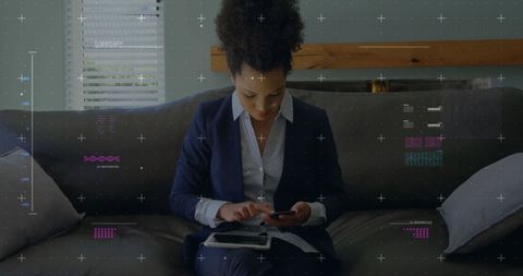 Businesswoman Utilizing Smartphone with Data Interface