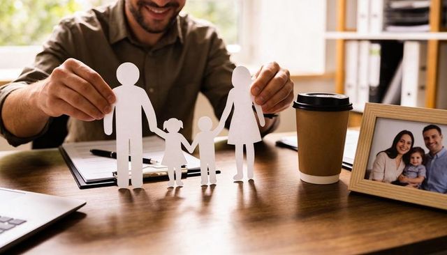 Man arranging paper family cutouts on wooden desk with coffee and framed family portrait