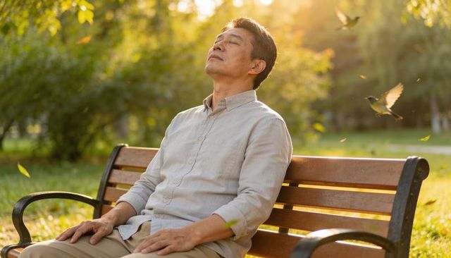 Senior man relaxing on park bench at golden hour with drifting leaves and birds, serene