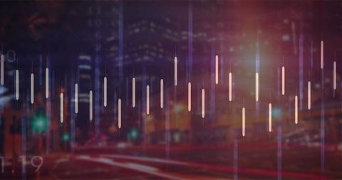 Trading candlestick chart overlaying urban night street with light trails, bokeh, city towers