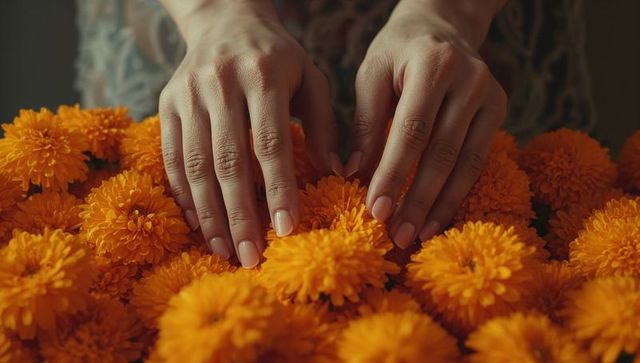 Hands Arranging Marigold Flowers with Decorated Nails