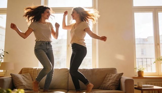 Two young women jumping on sofa in sunlit apartment, laughing and dancing with joy
