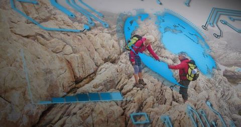 Senior Hikers Helping Each Other on Rocky Coast with Blue Digital Globe Overlay