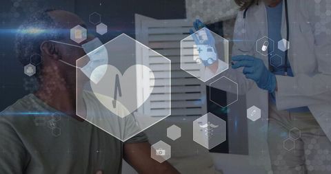 Clinician preparing vaccine while masked patient receiving injection with digital health overlay