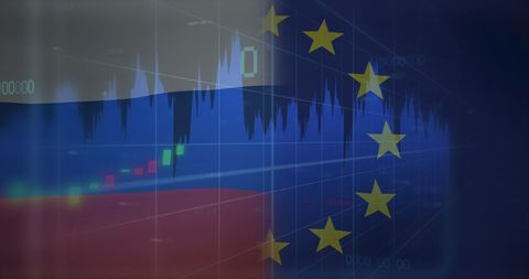 Russian and eu flags with financial data visualization