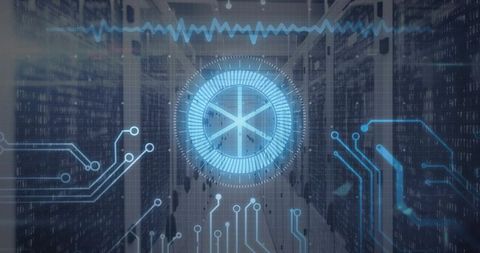 Holographic cybersecurity HUD monitoring server racks corridor with digital circuit overlay