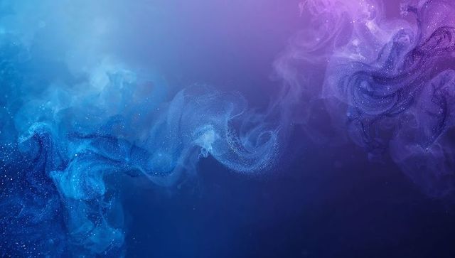 Ethereal blue to violet smoke swirl with sparkling particles on gradient abstract backdrop