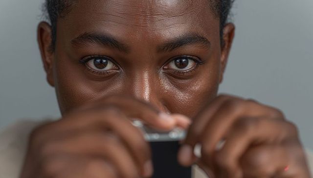 Close-up portrait woman holding small handheld device, gazing directly into lens