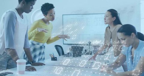Women collaborating over data-driven planning in modern office with digital data overlay