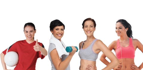 Happy Diverse Sportswomen Exercising on Transparent Background