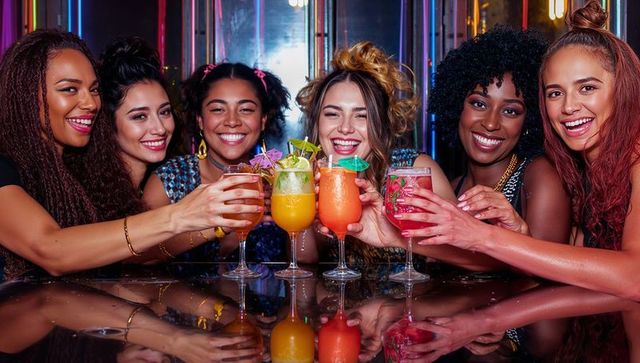 Diverse women raising colorful cocktails at neon bar celebrating girls night out