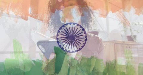 Woman in Office with Overlay of Indian Flag Reflecting Pandemic