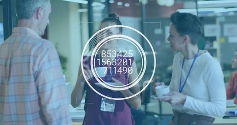 Startup team networking over coffee with augmented reality HUD and data visualization