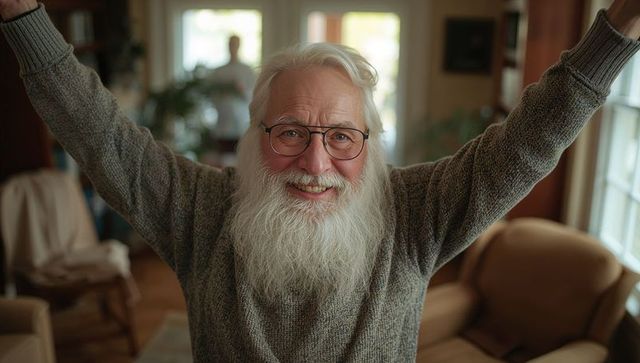 Joyful senior with long white beard raising arms and smiling in sunlit cozy living room