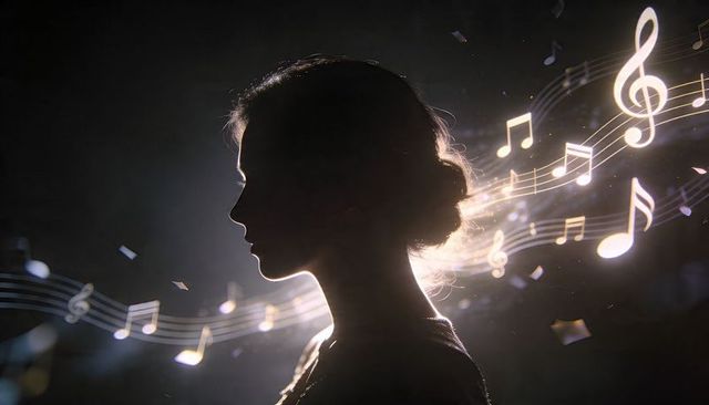 Silhouetted woman with flowing musical notes and ethereal rimlight for music concept