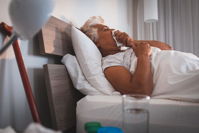Senior African American woman lying in bed at home, coughing into a tissue. Ideal for use in healthcare, elderly care, and quarantine-related content. Can be used to illustrate themes of illness, recovery, and senior lifestyle during lockdown.