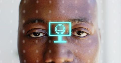 Displaying close-up adult male portrait with holographic monitor icon glowing on forehead