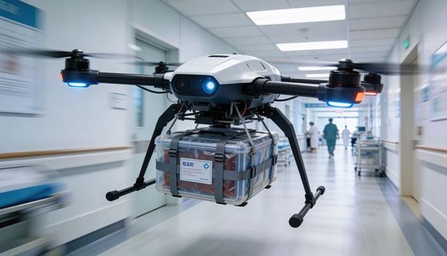 Autonomous medical drone delivering emergency blood kit through hospital corridor
